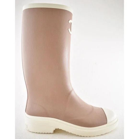 Chanel 26C Beige White Caoutchouc CC Logo High Pull On Rubber Rain Boots 36 - Picture 3 of 16